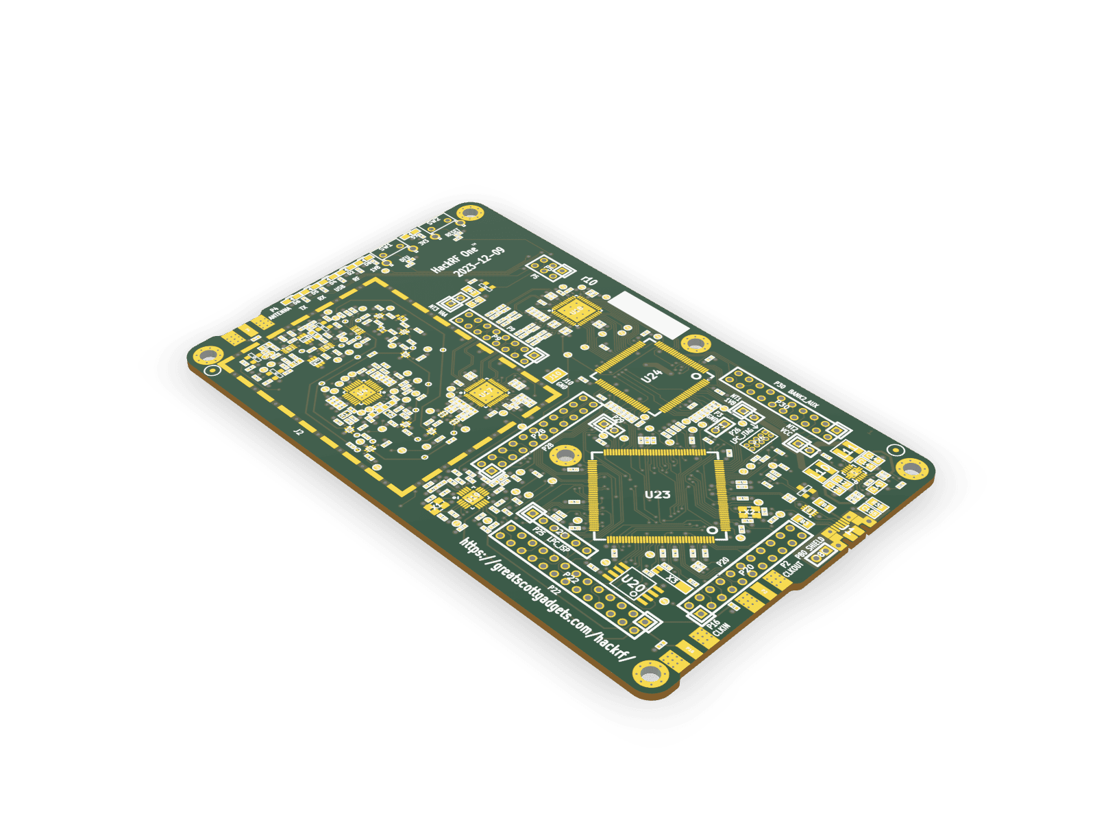 The HackRF One board in 3D, seen from a corner: copper, solder mask, silkscreen and drill holes