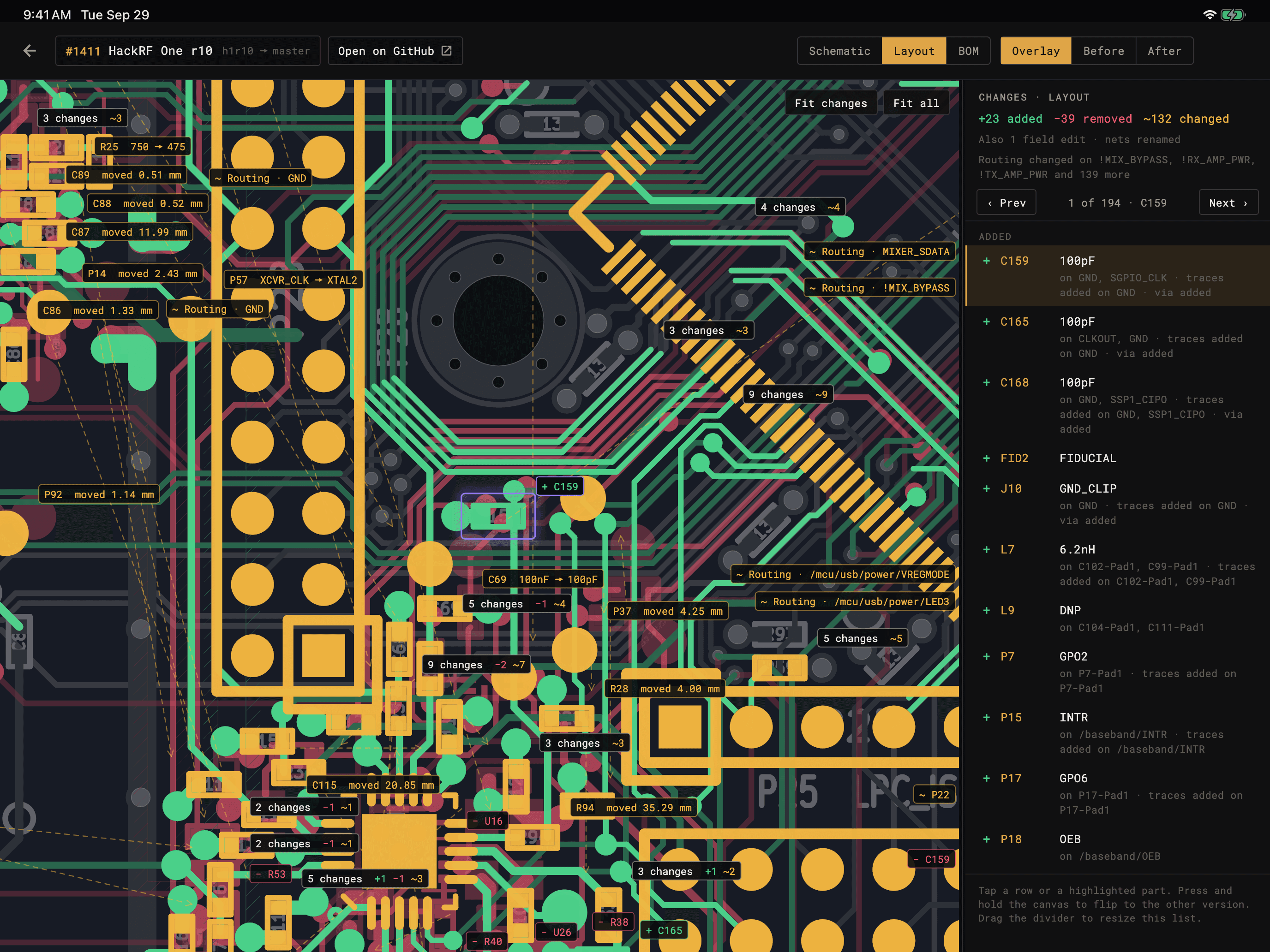 KiCad Viewer on iPad comparing pull request #1411 of HackRF One: changed parts and routing tagged on the board, with the list of changes beside it