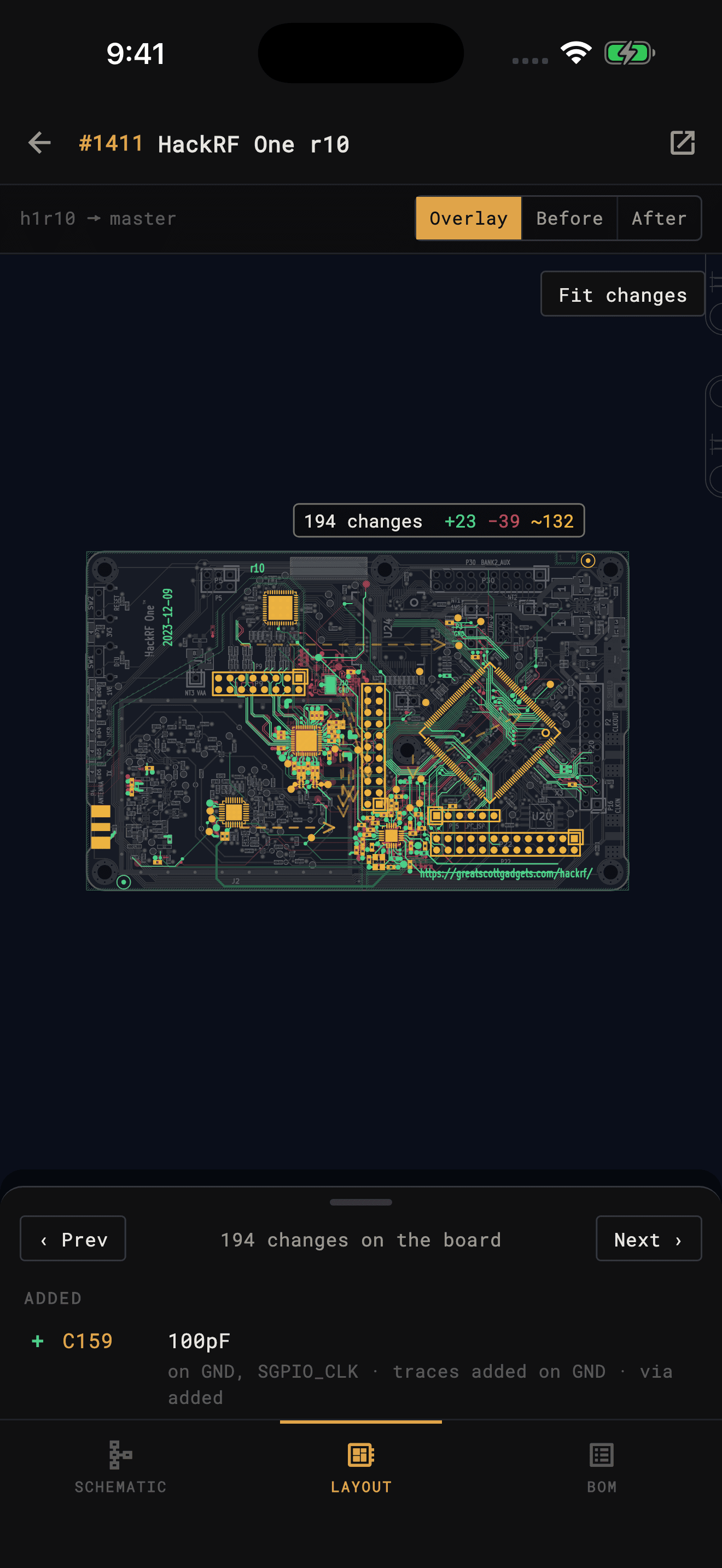 KiCad Viewer on iPhone showing HackRF One pull request #1411 on the board: 194 changes, with the list of changes below