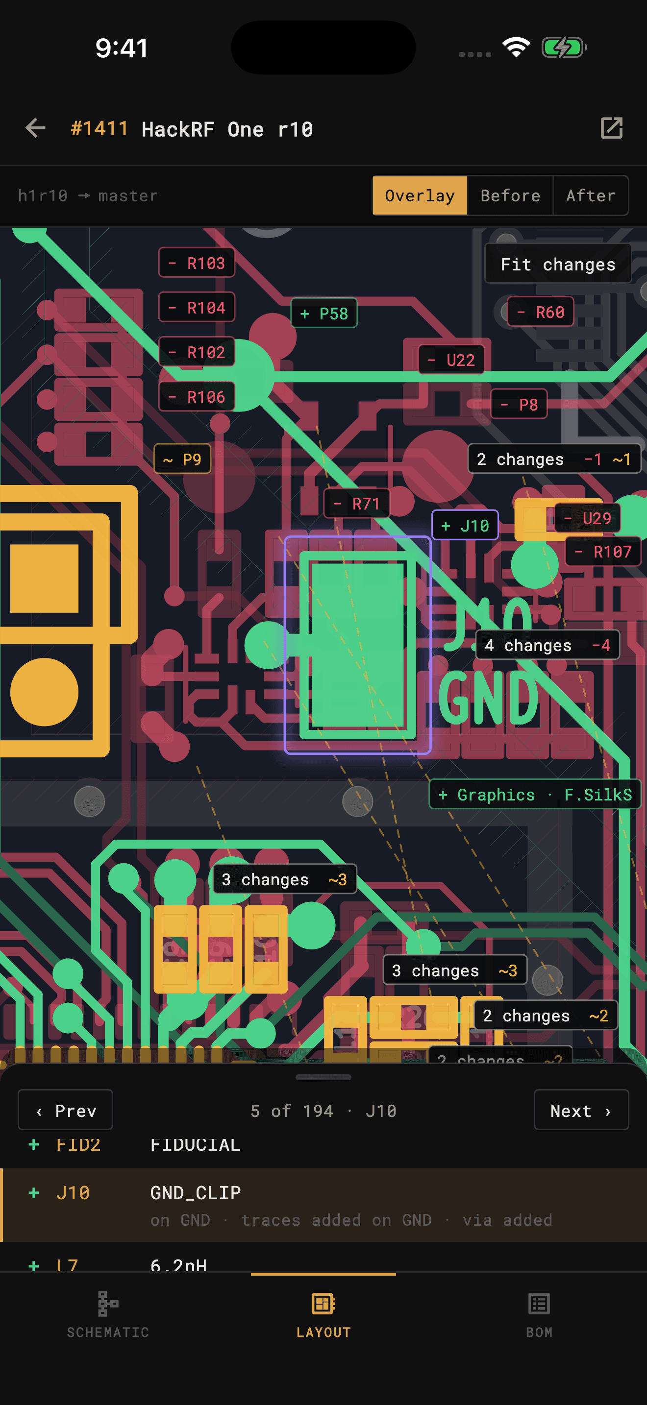 KiCad Viewer on iPhone stepping through HackRF One pull request #1411: J10, an added ground clip, picked on the board with its new trace and via, and its row below: GND_CLIP, on GND, traces added on GND, via added