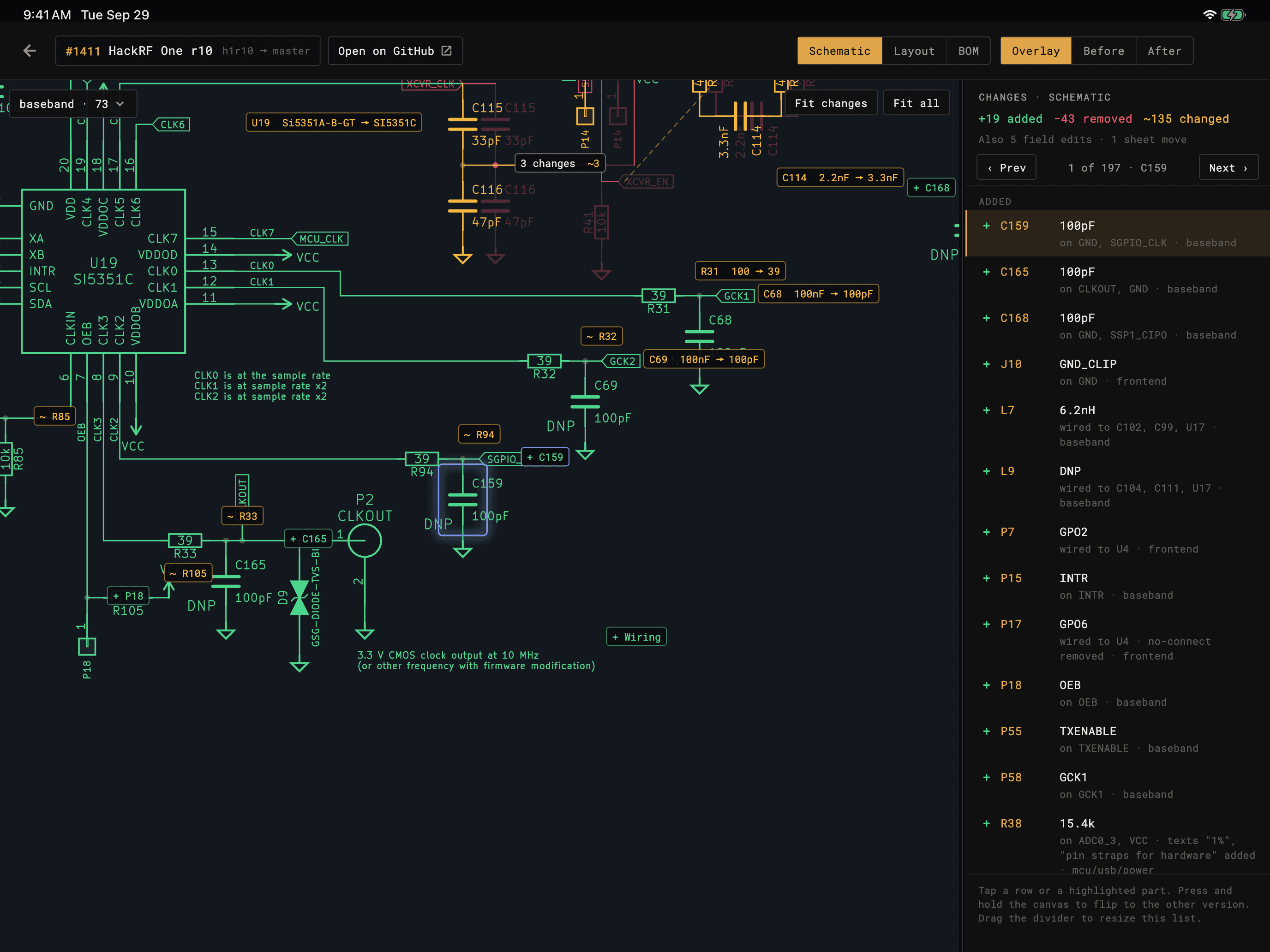 KiCad Viewer on iPad showing HackRF One pull request #1411 on the schematic: changed capacitor values, added parts and rewired nets tagged, with the change list beside it
