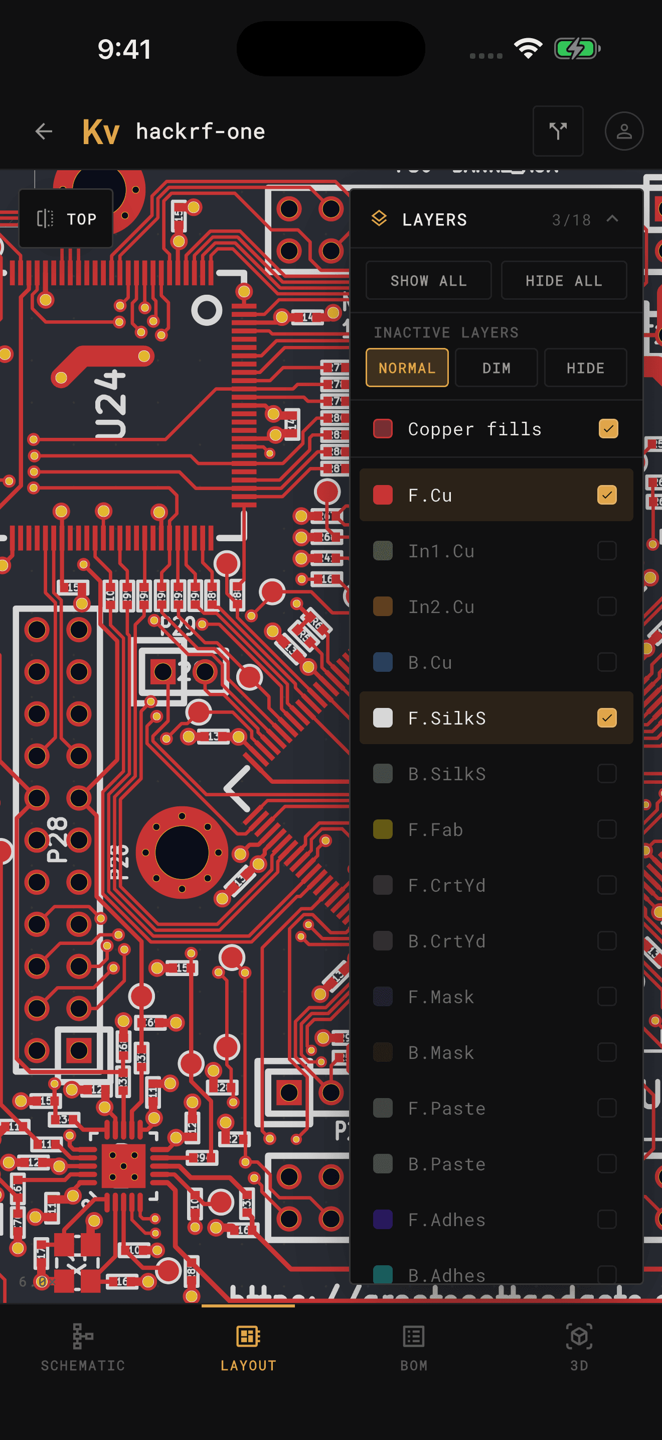 KiCad Viewer showing the HackRF One PCB layout on iPhone, with the layer panel open and only F.Cu, F.SilkS and Edge.Cuts shown